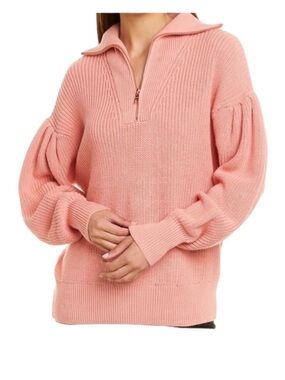 525 America Half Zip Cotton Sweater Blush Pink Balloon Sleeve XS